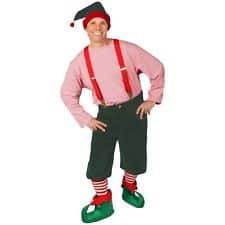 elf costume with red and white shirt